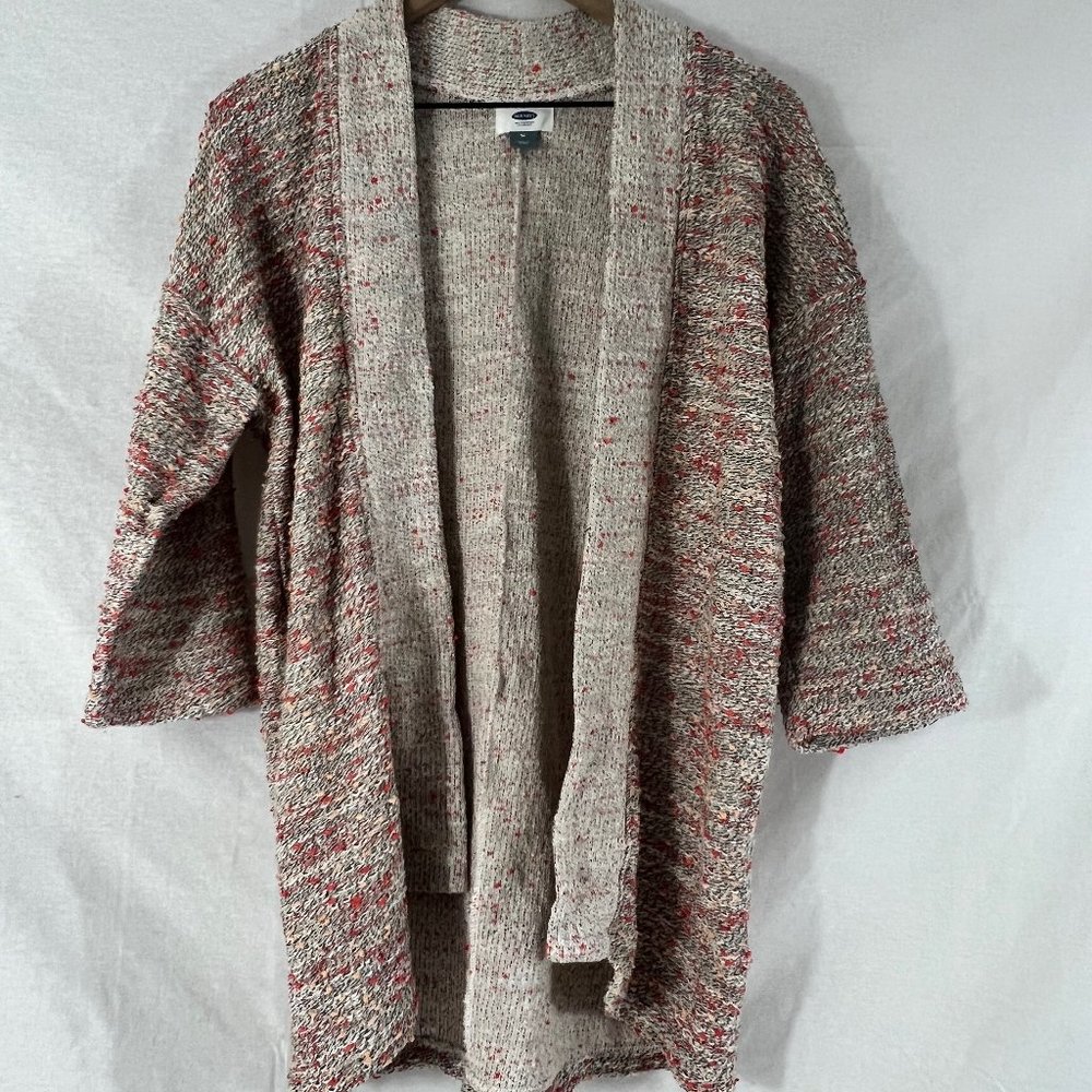 Gently-worn open cardigan sweater